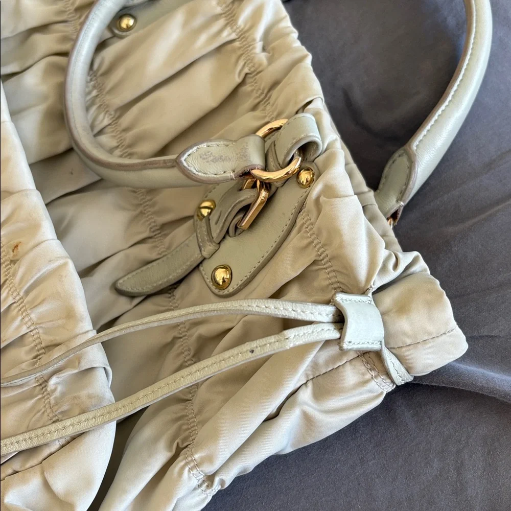 Prada Nylon Ruche Logo Plaque with Gold Hardware/ Beige - Picture 6 of 10